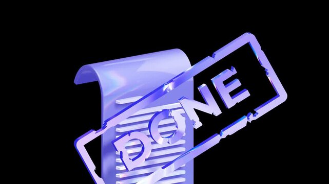 Macro view of a 3D document icon with a blue DONE stamp featuring realistic glass textures and purple highlights for corporate achievement