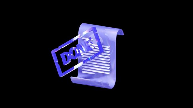 Angled view of a 3D document scroll and blue DONE stamp icon with iridescent lighting on a black background for business project validation