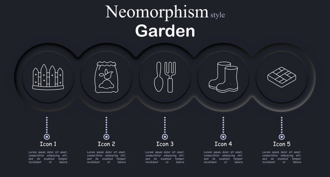 Garden set icon. Neomorphic dark interface circles with line symbols of garden fence barrier, fertilizer soil bag, fork spade tools, rubber boots footwear, paving tiles path