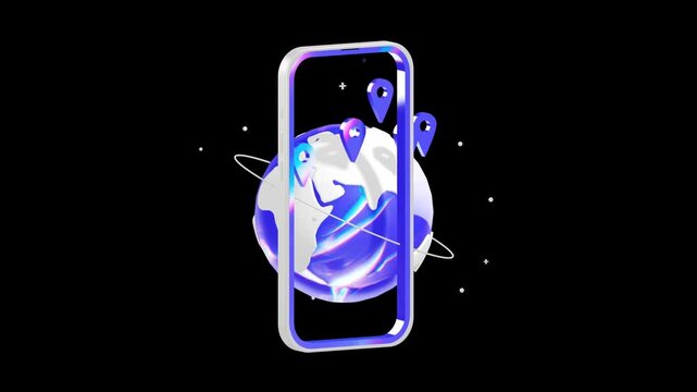 Close up of a 3D smartphone frame with a glowing globe and blue location pins symbolizing global positioning systems and international mobile networks