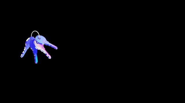 Metal keys on a keyring positioned in the left third of a dark frame with iridescent blue lighting for cybersecurity and digital encryption metaphors