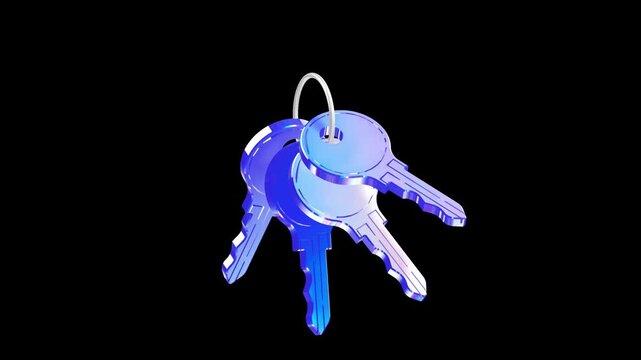 Keyring with three blue metallic keys in a detailed 3d illustration with vibrant purple reflections for property management and security solutions