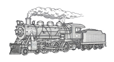 Vintage Steam Locomotive Train, Detailed Black and White Illustration © lobes