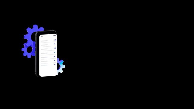 Mobile phone display showing toggle switches and menu options with 3D gear icons positioned on a dark backdrop for tech support and app configuration concepts