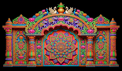Fototapeta premium Colourful Indian Mandap Arch with Floral Mandala, Peacock & Elephant Ornament – Traditional Temple Decorative Frame Design
