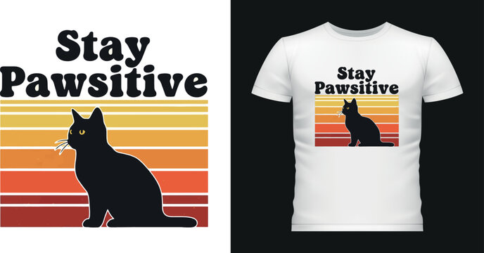 Stay pawsitive cat retro sunset vintage stripes design.