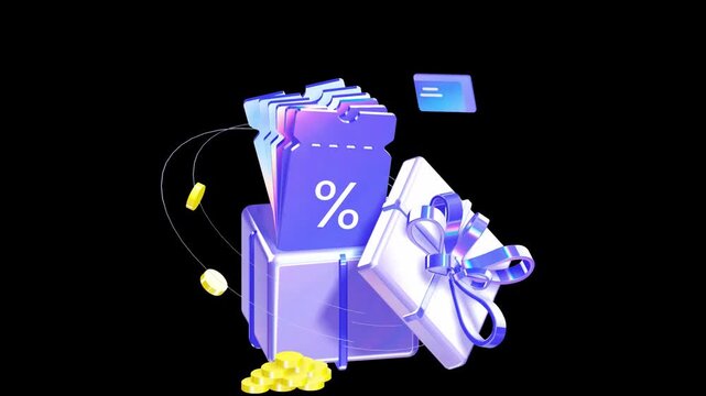 Digital render of an open treasure box containing blue discount vouchers and piles of gold coins representing retail bonuses and customer incentive programs