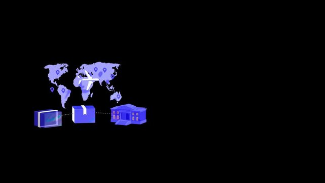 International trade illustration with a purple world map and cargo plane over a 3D bank building and shipping containers symbolizing global finance and commerce infrastructure