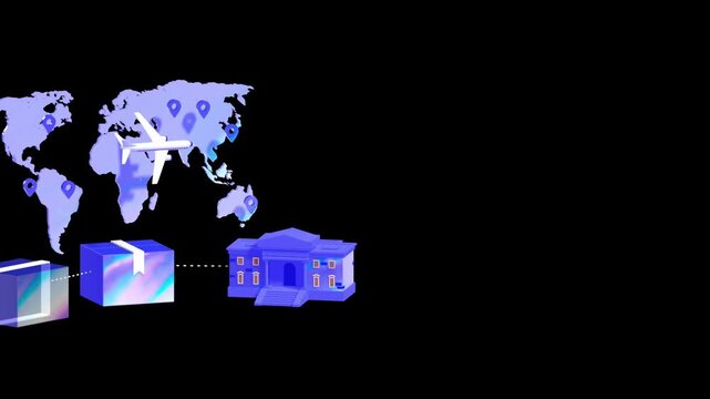 Conceptual 3D graphics showing the intersection of global logistics and international banking with an airplane over a world map and delivery parcels near a classic bank facade