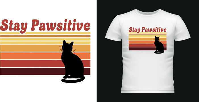 Stay pawsitive cat retro sunset vintage stripes design.