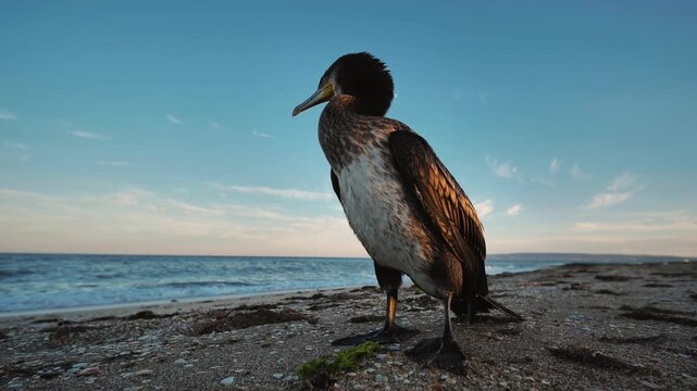 Cormorant perching on sandy crimean coastline, silhouetted against vibrant sunset over black sea waters
