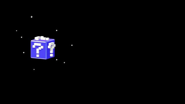 Single blue mystery cube with 3D question marks positioned on the left side of a wide black frame for interactive web design and copy space