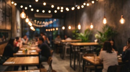 Fototapeta premium Blurred Cozy Restaurant Interior with Warm Hanging Lights and Wooden Tables