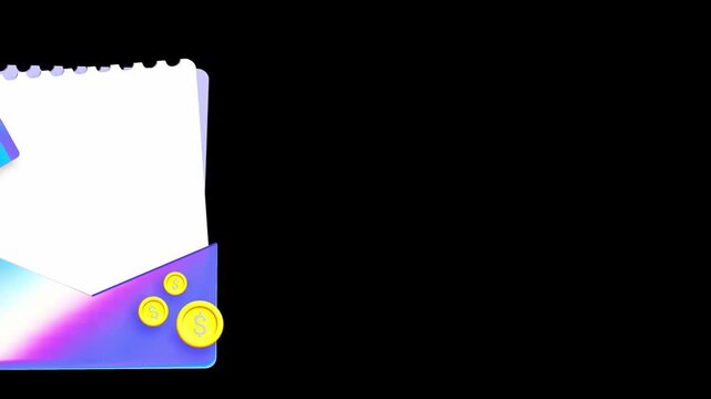 3D finance icon of a white document folder with gold coins and a blue credit card positioned in the lower left corner with extensive black copy space