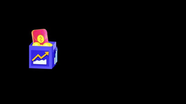 Stylized blue investment box with an upward trend arrow and gold coins in a red pouch placed on the left side with ample black negative space