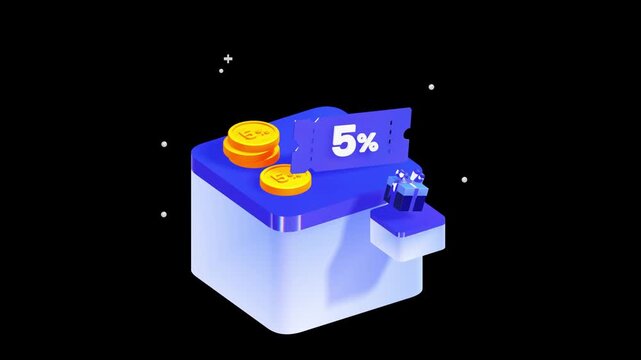 Three-dimensional retail promotion display featuring a five percent voucher and stacks of gold coins for financial growth and customer retention concepts