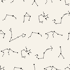 Naklejka premium Minimalist seamless pattern of various zodiac constellations, connecting stars with dotted lines