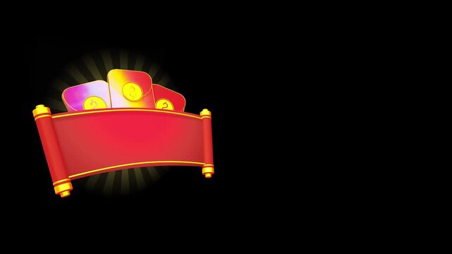 Floating red scroll banner with gold trim positioned on the left against a sunburst background for cultural events and promotions