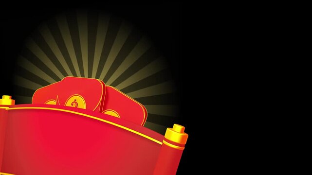Three red envelopes containing golden coins positioned on a festive banner on the left side of a dark background for financial growth