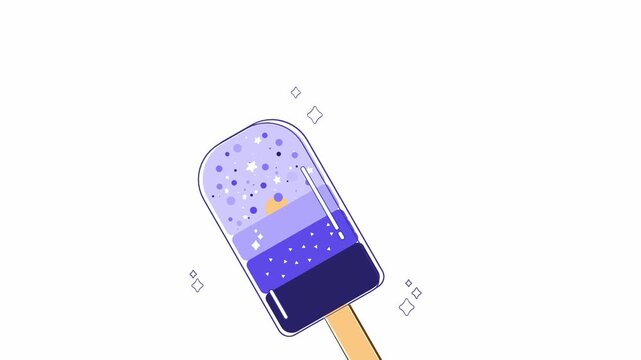 Popsicle illustration featuring a stylized purple galaxy night sky with stars and a yellow sun in a flat minimalist vector art style for summer refreshment concepts