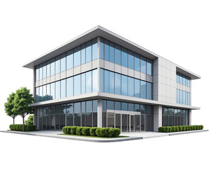 Fototapeta premium Modern commercial building with glass facades and green landscaping