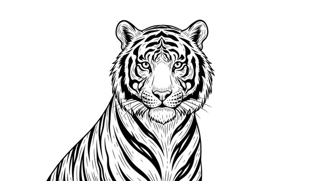 Striking black and white tiger illustration against a clean white background
