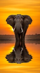 Fototapeta premium Majestic African Elephant Standing in Golden Sunset Reflection on Water.