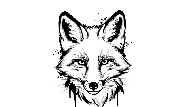 Ink illustration of a fox head facing forward on a white background