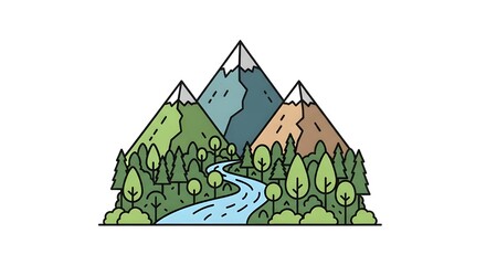 Naklejka premium Nature Mountain Logo Vector with River and Forest, Flat Eco Friendly Illustration Design