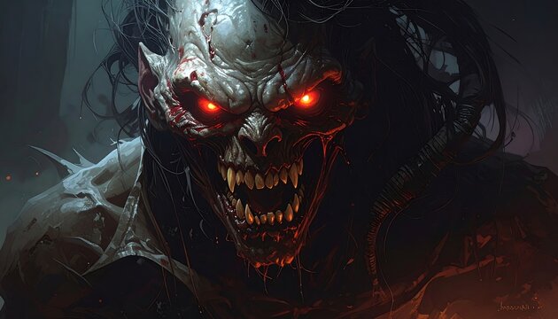 A grotesque creature with a skull-like face and red eyes