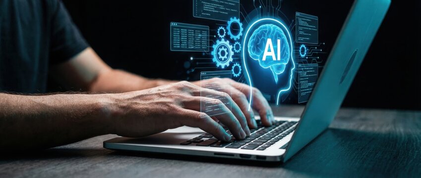 Ai development and implementation remote work environment digital content creation virtual workspace close-up perspective technology revolution