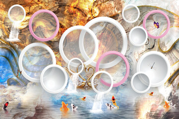 3D abstract circles wall mural with golden fire and blue water fantasy background   © gorg