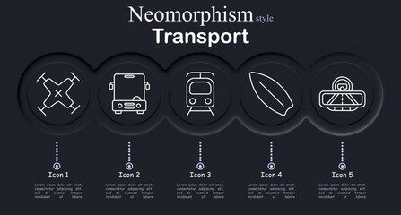 Transport set icon. Neomorphic dark interface circles with line symbols of quadcopter drone, city bus vehicle, subway train front, surfboard water sport, cable car gondola © Anastasia