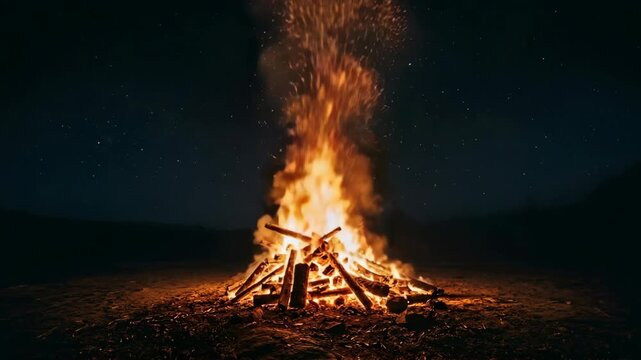 Large bonfire crackling with bright flames and sparks against a dark night sky filled with stars