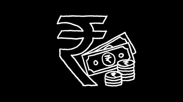 4K animated video of hand drawn Indian rupee symbol with currency notes and coins on transparent background