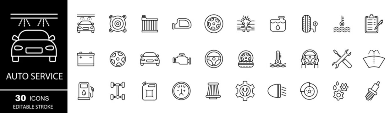 Auto service and garage web icons. Car, automobile, wash, maintenance, engine, diagnostic, rapair, tire. Editable stroke. Vector illustration