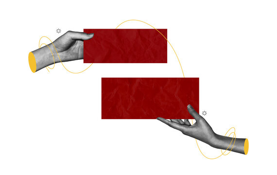 Hand holding a speech bubbles. Social media communication. Collage contemporary art isolated Halftone design. For creative ideas, quote.