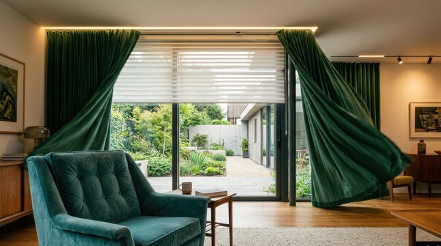 A synchronized movement of motorized velvet curtains and sheer blinds on a large window, with interior light adjusting to compensate for natural light.