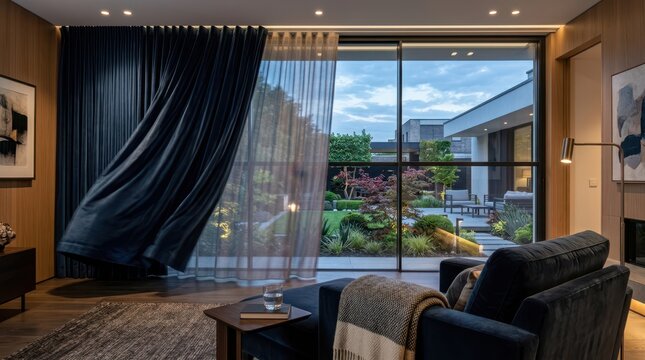 A synchronized movement of motorized velvet curtains and sheer blinds on a large window, with interior light adjusting to compensate for natural light.