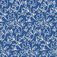 Seamless floral pattern, abstract ditsy print of hand drawn wild plants. Sketch motif botanical design, texture of line art branches, small white flowers, leaves, blue background. Vector illustration. © Yulya i Kot