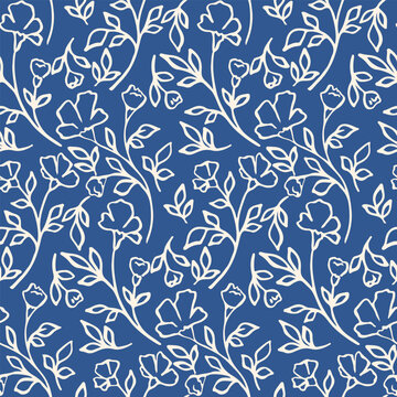 Seamless floral pattern, abstract ditsy print of hand drawn wild plants. Sketch motif botanical design, texture of line art branches, small white flowers, leaves, blue background. Vector illustration.