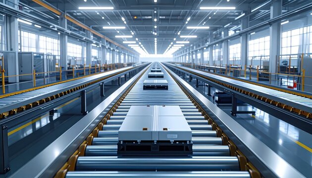 Automated Industrial Conveyor Belt System in a Modern Manufacturing Facility