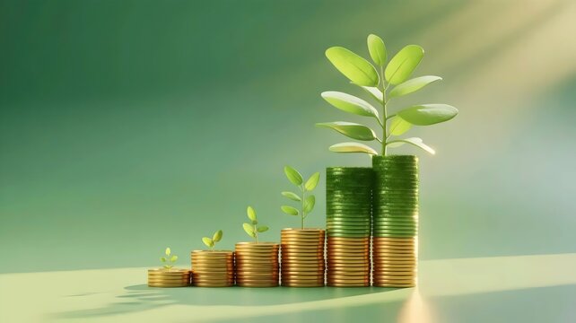 Golden coin stack morphing into lush foliage &ndash; Suitable for prosperity, ethical finance, and green economy visuals.
