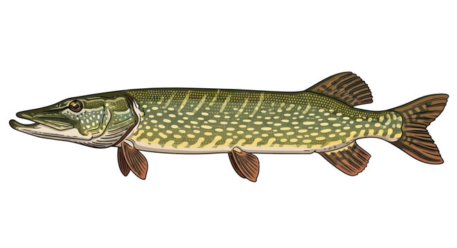 Northern Pike Fish Illustration - Esox lucius - Isolated on White Background
