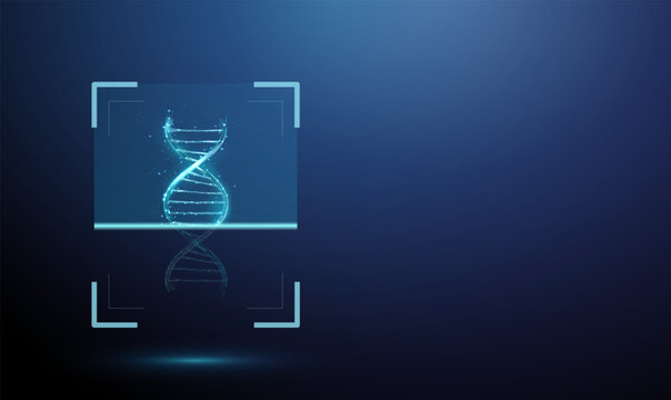3d blue DNA helix inside scanning frame with moving scan line. Genetic analysis process, genome sequencing workflow, molecular diagnostics, nucleotide identification concept.
