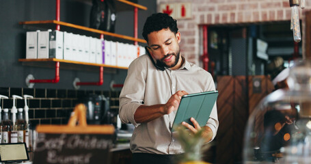 Phone call, conversation and man on tablet in restaurant for online orders, inventory delivery and schedule. Manager, hospitality and person on tech for communication, stock supplier and logistics © peopleimages.com