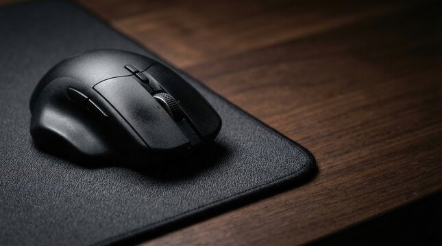 Close-up of a modern black computer mouse on a black mousepad over a dark wooden desk with copy space