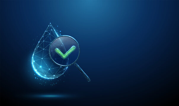 3d blue water drop under magnifying glass with green check mark. Water quality analysis, purity testing, environmental monitoring, laboratory verification concept.