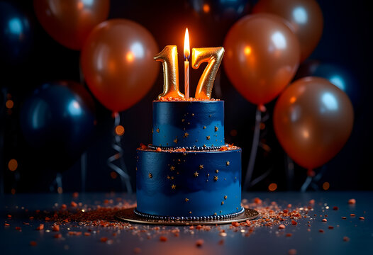 Celebratory birthday cake with candle number seventeen, blue and gold theme
