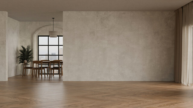 3D rendered Empty living room wall with dining area and wood floor for interior mockup